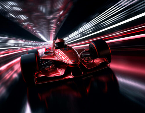 Futuristic racing formula at fast ride to finish. Postproducted. Generative AI illustrator